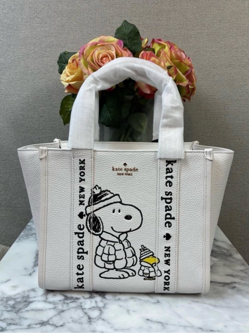 kate spade White Canvas Snoopy Tote with Black Graphic and Yellow Accent